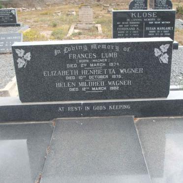 WAGNER Elizabeth Henrietta -1975 :: WAGNER Helen Mildred -1982 :: LUMB Frances nee WAGNER -1974