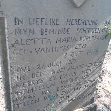 PLESSIS Aletta Maria, du nee VAN HIYSSTEEN 1879-1917