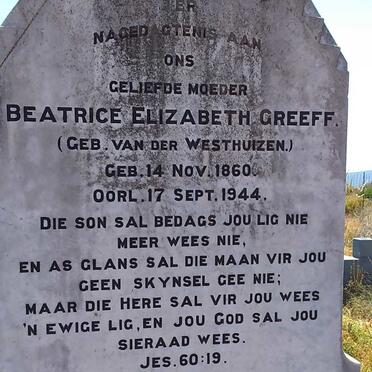 GREEFF Beatrice Elizabeth nee VAN DER WESTHUIZEN 1860-1944