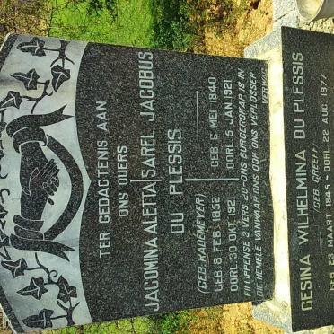 PLESSIS Sarel Jacobus, du 1840-1921 &amp; Jacomina Aletta RADEMEYER 1852-1921