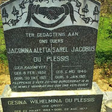 PLESSIS Sarel Jacobus, du 1840-1921 &amp; Jacomina Aletta RADEMEYER 1852-1921