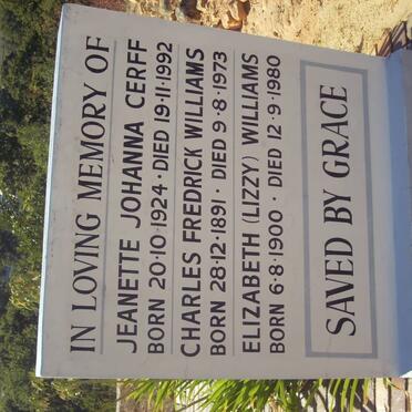 WILLIAMS Charles Fredrick 1891-1973 &amp; Elizabeth 1900-1980 :: CERFF Jeanette Johanna 1924-1992