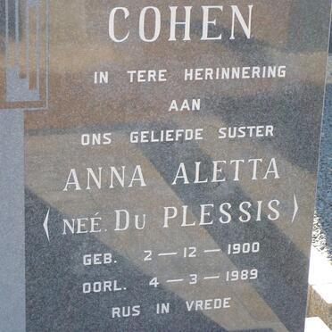 COHEN Anna Aletta nee DU PLESSIS 1900-1989