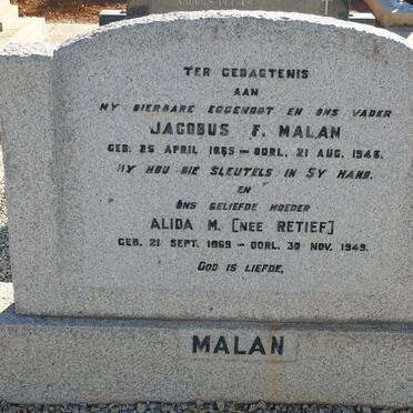 MALAN Jacobus F. 1865-1945 &amp; Alida M. RETIEF 1869-1949