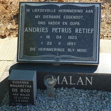 MALAN Andries Petrus Retief 1923-1997 :: DE BOD Susanna Margaretha nee MALAN 1962-2000