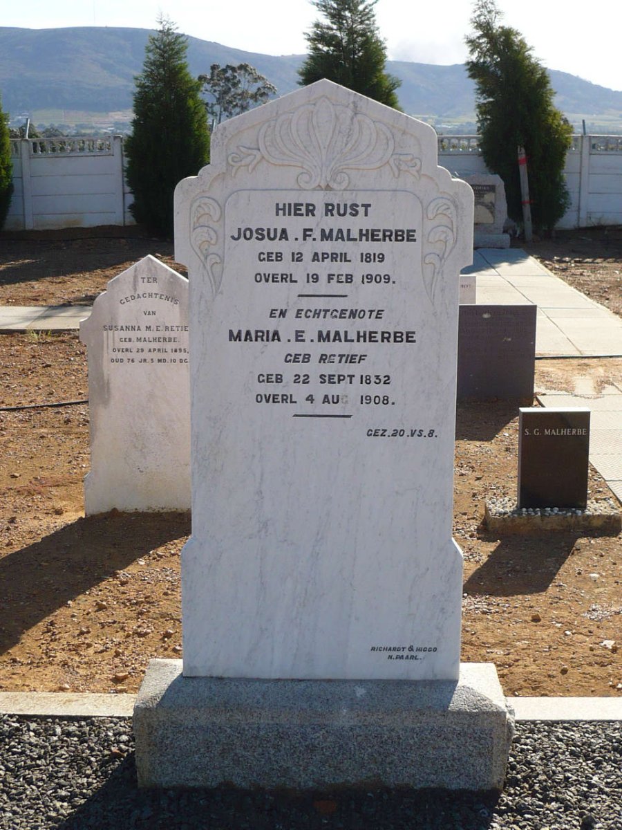 MALHERBE Jozua F. 1819-1909 &amp; Maria E. RETIEF 1832-1908