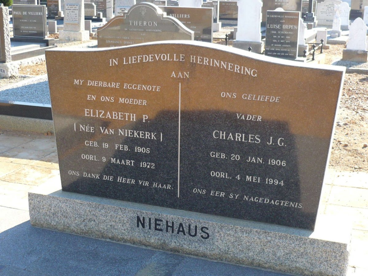 NIEHAUS Charles J.G. 1906-1994 &amp; Elizabeth P. VAN NIEKERK 1905-1972