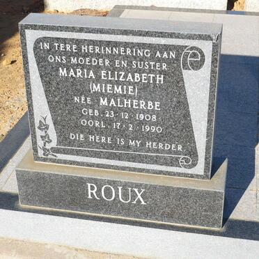 ROUX Maria Elizabeth nee MALHERBE 1908-1990