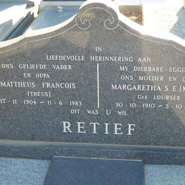 RETIEF Mattheus Francois 1904-1983 &amp; Margaretha S.E. LOUBSER 1910-1975