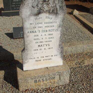 BASSON Matys 1877-1959 &amp; Anna S. KOTZE 1882-1943