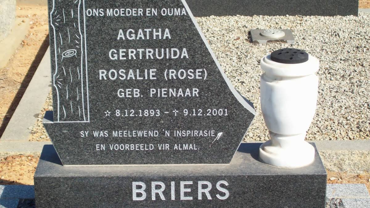 BRIERS Agatha Gertruida Rosalie nee PIENAAR 1893-2001