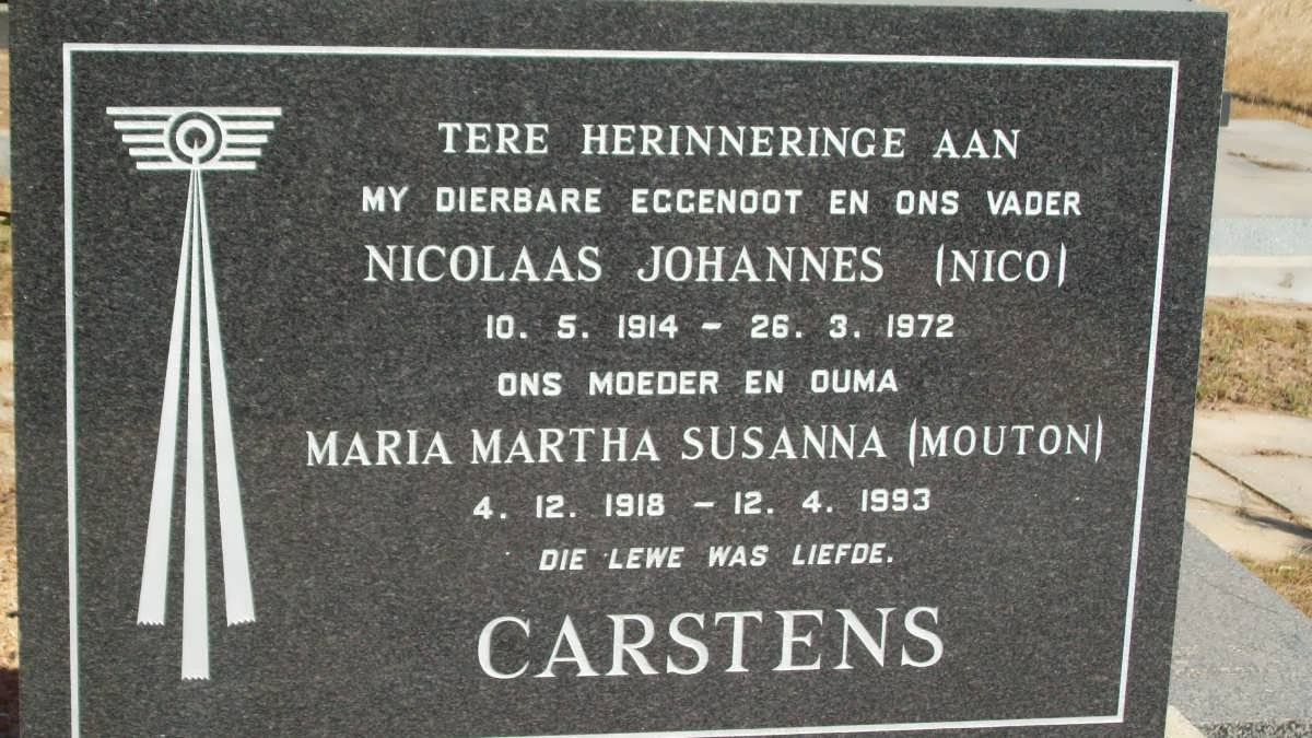 CARSTENS Nicolaas Johannes 1914-1972 &amp; Maria Martha Susanna MOUTON 1918-1993