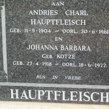 HAUPTFLEISCH Andries Charl 1904-1961 &amp; Johanna Barbara KOTZÉ 1918-1977