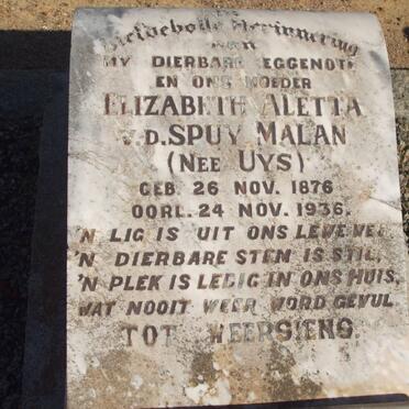 MALAN Elizabeth Aletta v.d. Spuy nee UYS 1876-1936