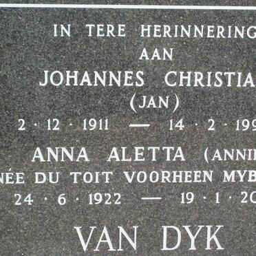 DYK Johannes Christian, van 1911-1990 &amp; Anna Aletta MYBURGH nee DU TOIT 1922-2004