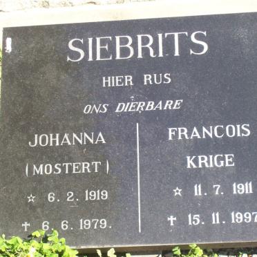 SIEBRITS Francois Krige 1911-1997 &amp; Johanna MOSTERT 1919-1979