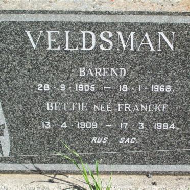 VELDSMAN Barend 1905-1968 &amp; Bettie FRANCKE 1909-1984