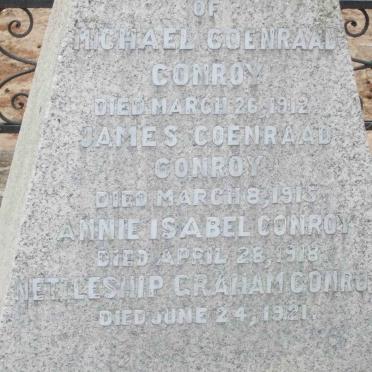 CONROY Michael coenraad -1912 :: CONROY James Coenraad -1915 :: CONROY Annie Isabel -1918 :: CONROY Nettleship Graham -1921