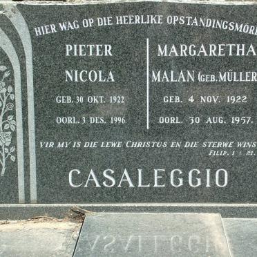 CASSALEGIO Pieter Nicola 1922-1996 &amp; Margaretha Malan MÜLLER 1922-1957
