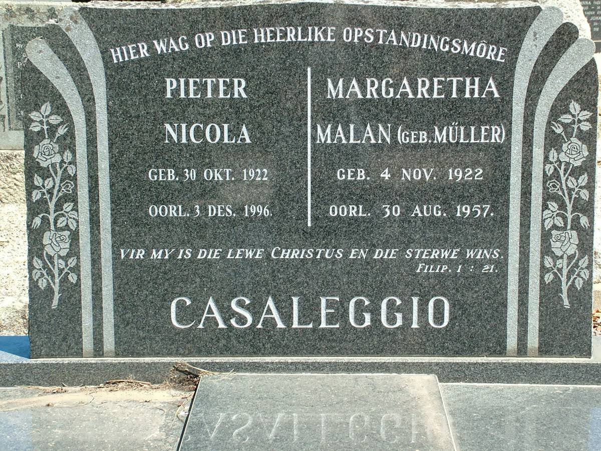 CASSALEGIO Pieter Nicola 1922-1996 &amp; Margaretha Malan MÜLLER 1922-1957