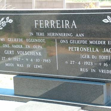 FERREIRA Gert Volschenk 1927-1983 &amp; Petronella Jacoba DU TOIT 1923-1994