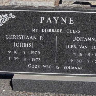 PAYNE Christiaan P. 1903-1973 &amp; Johanna J. VAN SCHOOR 1912-2000