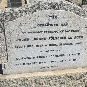 ROUX Jacob Johann Fölscher, le 1887-1963 &amp; Elizabeth Rhoda DOWLING 1894-2000