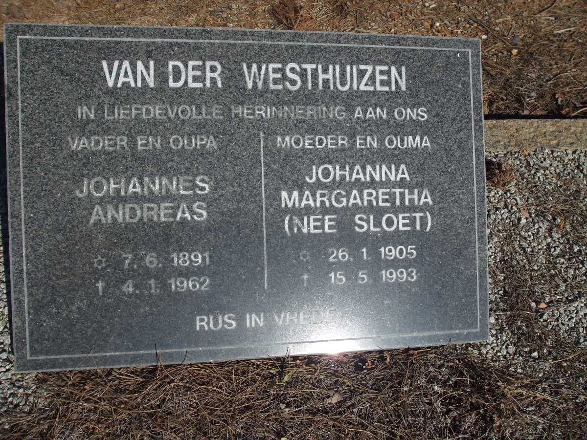 WESTHUIZEN Johannes Andreas, van der 1891-1962 & Johanna Margaretha SLOET 1905-1993