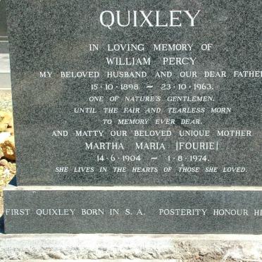 QUIXLEY William Percy 1898-1963 &amp; Martha Maria FOURIE 1904-1974