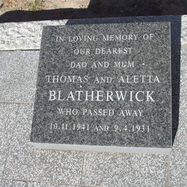 BLATHERWICK Thomas -1941 &amp; Aletta -1931
