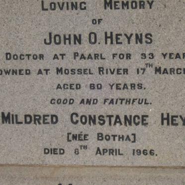 HEYNS John O. -1938 &amp; Mildred Constance BOTHA -1966