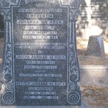 KOCK Joseph Adriaan, de 1855-1945 &amp; Emerentia Johanna WERNICH 1857-1925 :: DE KOCK Hester Johanna nee WERNICH 1876-1954 