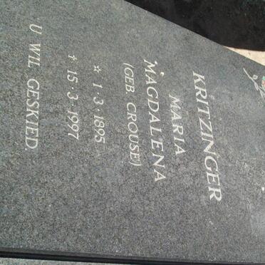KRITZINGER Maria Magdalena nee CROUSE 1895-1997