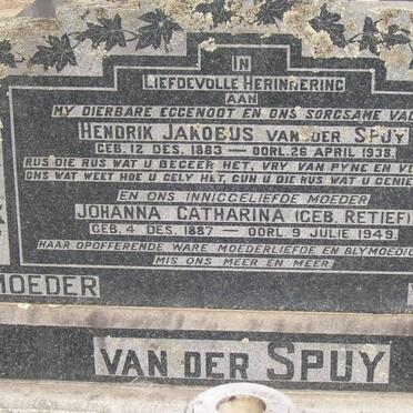 SPUY Hendrik Jakobus, van der 1883-1938 &amp; Johanna Catharina RETIEF 1887-1949