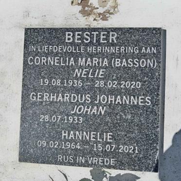 BESTER Gerhardus Johannes 1933- &amp; Cornelia Maria BASSON 1936-2020 :: BESTER Hannelie 1964-2021