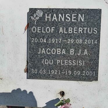 HANSEN Oelof Albertus 1917-2014 &amp; Jacoba B.J.A. DU PLESSIS 1921-2001