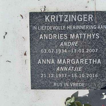 KRITZINGER Andries Matthys 1934-2007 &amp; Anna Margaretha 1937-2016
