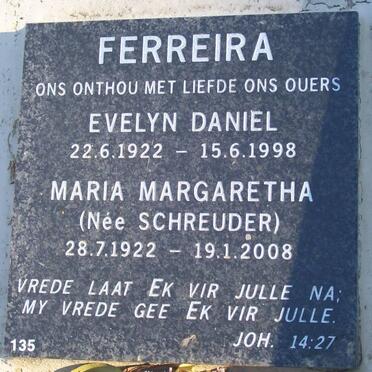 FERREIRA Evelyn Daniel 1922-1998 &amp; Maria Margaretha SCHREUDER 1922-2008