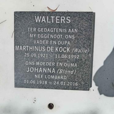 WALTERS Johanna nee LOMBARD 1918-2016 &amp; Marthinus De Kock 1921-1992