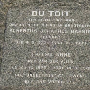 TOIT Albertus Johannes Basson, du 1922-1999 &amp; Thelma Anne VAN DER VLIES 1923-2000