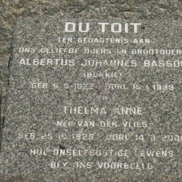 TOIT Albertus Johannes Basson, du 1922-1999 &amp; Thelma Anne VAN DER VLIES 1923-2000