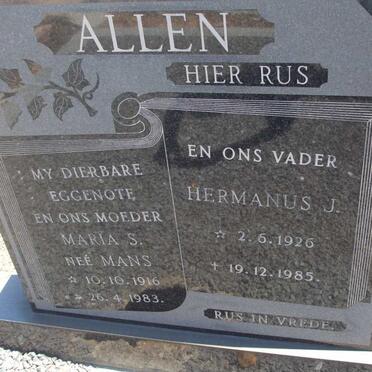 ALLEN Hermanus J. 1926-1985 &amp; Maria S. MANS 1916-1983