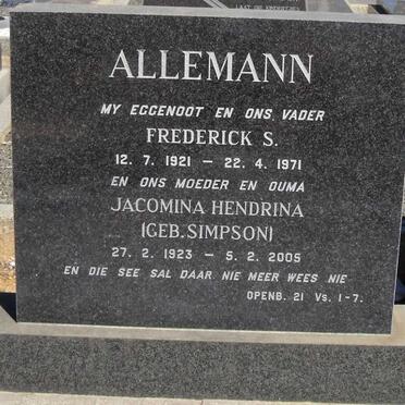 ALLEMANN Frederick S. 1921-1971 &amp; Jacomina Hendrina SIMPSON 1923-2005
