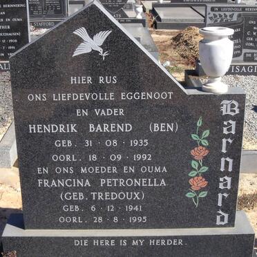BARNARD Hendrik Barend 1935-1992 &amp; Francina Petronella TREDOUX 1941-1995