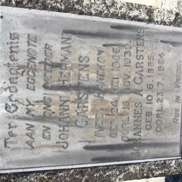 CARSTENS Johannes A. 1885-1964 &amp; Johanni Hermani HANEKOM 1886-1939