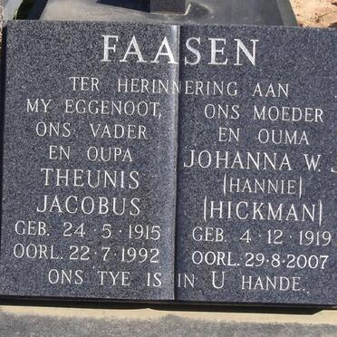 FAASEN Theunis Jacobus 1915-1992 &amp; Johanna W.J. HICKMAN 1919-2007