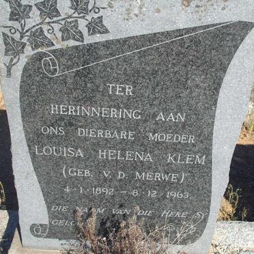 KLEM Louisa Helena nee V.D.MERWE 1892-1963