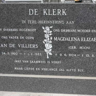 KLERK Jan De Villiers, de 1920-1983 &amp; Magdalena Elizabeth HOON 1924-1986