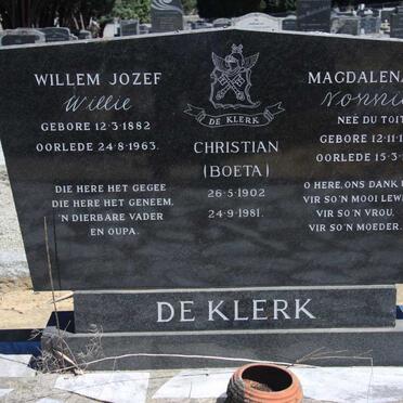 KLERK Willem Jozef, de 1882-1963 &amp; Magdalena E. DU TOIT 1877-1964 :: DE KLERK Christian 1902-1981
