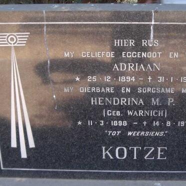 KOTZE Adriaan 1894-1953 &amp; Hendrina M.P. WARNICH 1898-1975